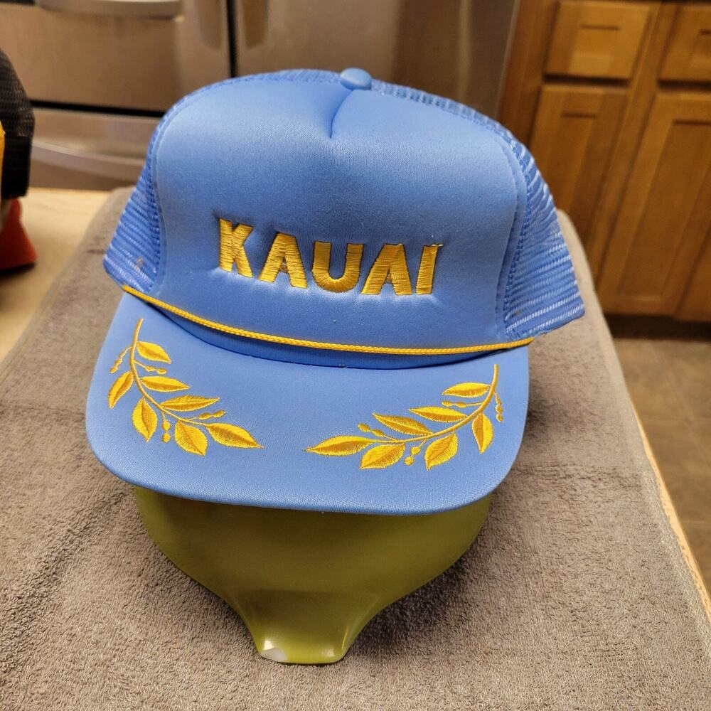 Vintage Kauai Hawaiian Headwear Blue Mesh Trucker Hat Cap Snapback Gold Leaf